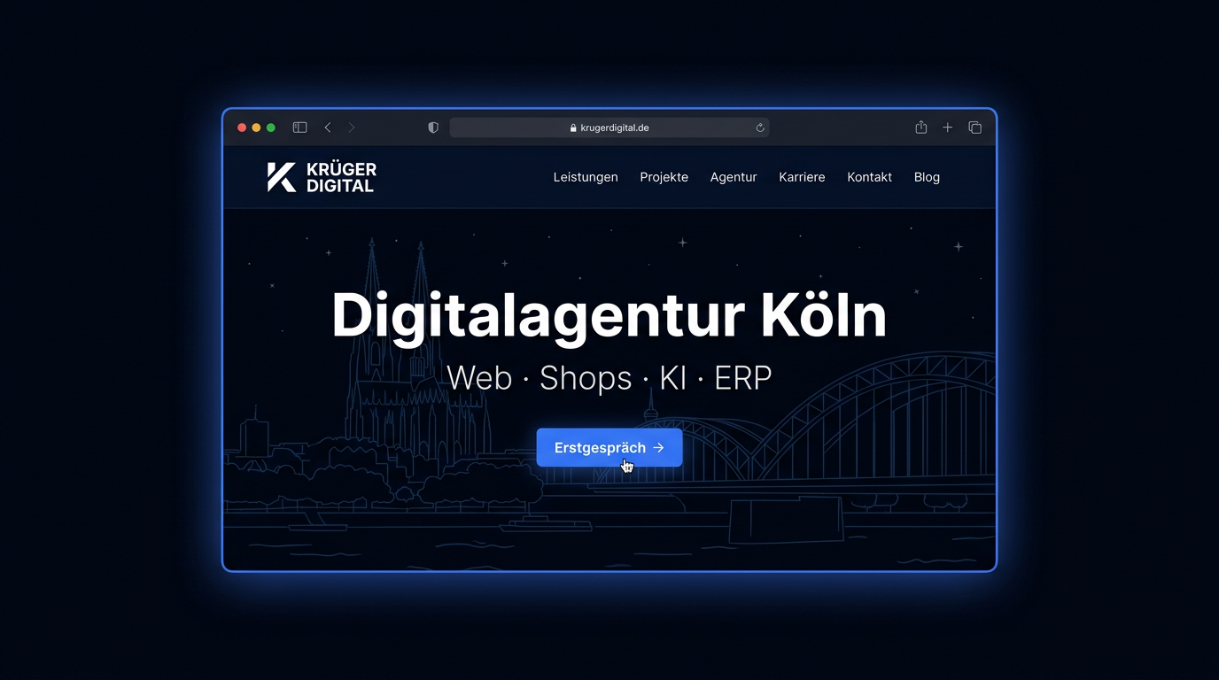 Digitalagentur Köln — Website-Mockup mit Kölner Dom-Silhouette