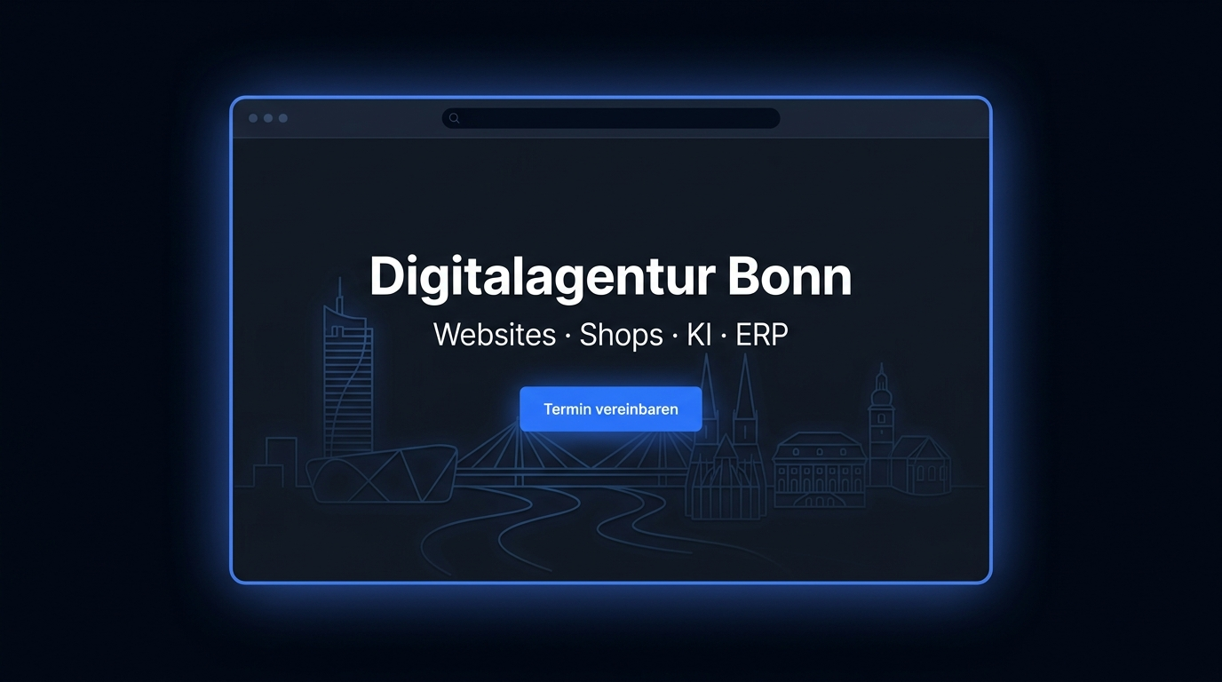 Digitalagentur Bonn — Website-Mockup mit Bonner Skyline