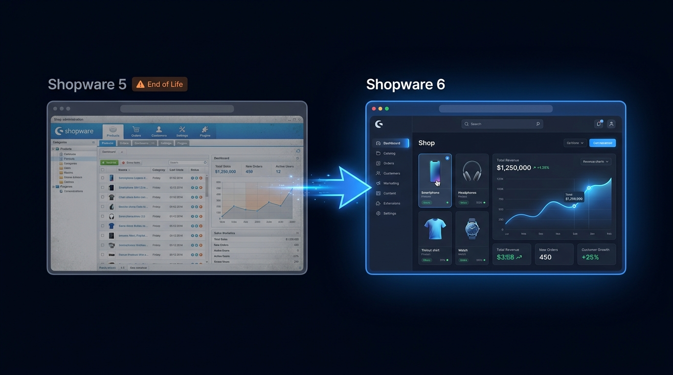 Shopware 5 auf Shopware 6 migrieren — Vorher-Nachher-Mockup mit End-of-Life-Hinweis